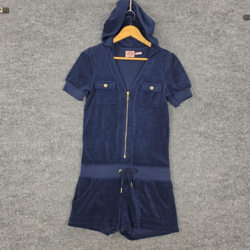 Vtg Juicy Couture Romper Small Blue Terry Hooded Casual Lounge Y2K Iconic